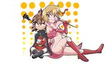  blonde boots brown_hair chibi cloak convenient_censor crossed_arms dororon_enma-kun enbi-chan enma-kun fang frustration gloves hearts_motif musical_note red_eyes skull_knee_caps smile wand yellow_dot_background 