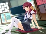  ashita_no_kimi_to_au_tame_ni hair_ornament hair_ribbon hairclip highres leaning_back legs long_hair long_legs looking_at_viewer misaki_kurehito panties pillow pleated_skirt red_eyes red_hair ribbon school_uniform sitting skirt smile solo television thighhighs tree underwear wakamiya_asuka white_legwear white_panties 