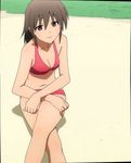  beach cleavage copper_eyes dark_hair legs_crossed looking_at_viewer ocean red_bikini smile softenni stitch tagme water 