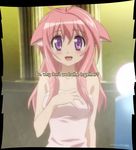  bare_shoulders blush dog_days interior long_pink_hair looking_at_viewer millhiore_f_biscotti open_mouth purple_eyes screen_capture smile towel watermark 