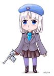  beret blue_eyes chibi gun military military_uniform pistol silver_hair tie tr0yka weapon 