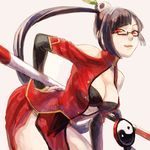  black_hair blazblue breasts cleavage glasses lao_jiu large_breasts lipstick litchi_faye_ling makeup oca ponytail red_eyes side_slit smile solo staff 