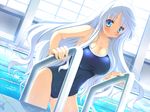  alcot blue_eyes cleavage game_cg long_hair mizugi nimura_yuuji oni_gokko saionji_otome smile solo swimming_pool water wet white_hair 