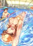  1girl armpits bikini breasts brother_and_sister brown_eyes brown_hair cleavage floral_print foreshortening highres lane_line medium_breasts one_eye_closed open_mouth original pool siblings smile suoni_(deeperocean) swim_cap swimming swimsuit water 