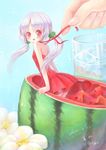  :o dress fingers flower food fruit fruit_cup glass hair_bobbles hair_ornament halterneck ice ice_cube in_food long_hair minigirl neck_ribbon original red_dress red_eyes ribbon sanmi_tenten solo_focus twintails untying water watermelon 