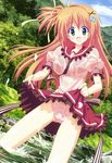  absurdres bow bow_panties bra brown_hair cloud day green_eyes hair_ornament hair_ribbon hairpin heart heart_hair_ornament highres hoshizora_e_kakaru_hashi long_hair looking_at_viewer nakatsugawa_ui necktie non-web_source nyantype official_art open_mouth outdoors panties pink_bra pink_panties ribbon scan school_uniform see-through serafuku shirt skirt skirt_lift sky solo standing tree underwear very_long_hair wading water wet wet_clothes wet_shirt yanagi_shinsuke 