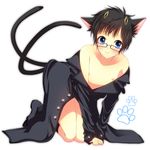  animal_ears ao_no_exorcist bad_id bad_pixiv_id black_hair blue_eyes cat_ears glasses kemonomimi_mode male_focus mole nekomata nono_(noxno) okumura_yukio oversized_clothes paw_print solo 