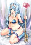  aqua_eyes armor bandages bare_shoulders bikini_armor blue_hair blush boots breasts cleavage drill_hair key large_breasts lock long_hair martel_(artist) navel open_mouth original rubber_boots sitting solo thigh_strap twin_drills twintails wariza 
