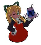  android blonde_hair energy_tank green_eyes hand_on_hip hi-go! long_hair one_eye_closed red_skirt rockman rockman_(classic) roll skirt solo 