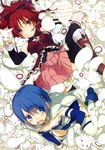  :3 :t absurdres ass_visible_through_thighs blue_eyes blue_hair boots cape clone food gloves hair_ornament hairclip highres kippu kyubey long_hair lying magical_girl mahou_shoujo_madoka_magica miki_sayaka multiple_girls pocky ponytail red_eyes red_hair sakura_kyouko short_hair thighhighs too_many translated white_gloves 