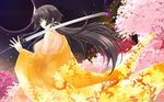  back bare_back black_hair breasts cherry_blossoms eclipse highres japanese_clothes katana long_hair looking_back medium_breasts miyata_sou muvluv muvluv_alternative muvluv_total_eclipse over_shoulder see-through sideboob solar_eclipse solo sword sword_over_shoulder takamura_yui weapon weapon_over_shoulder 