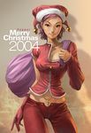  asymmetrical_clothes breasts christmas cleavage cross curvy gloves hat lips medium_breasts midriff pepper_project purple_hair red_eyes sack santa_costume santa_hat signature single_glove solo stanley_lau 