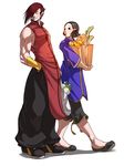  1girl bag baggy_pants blush chinese_clothes couple falcoon grocery_bag hair_over_one_eye hetero muscle pants shaomei_(street_fighter) shoes shopping_bag sneakers street_fighter street_fighter_iii_(series) turnip yang_lee 