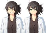  ^_^ ahoge ayamisiro black_hair closed_eyes contemporary expressions facial_hair green_eyes grin labcoat male_focus messy_hair ponytail raven_(tales) smile solo stubble tales_of_(series) tales_of_vesperia white_background 