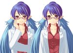  ayamisiro blue_hair breasts contemporary expressions glasses hair_bun judith labcoat long_hair medium_breasts pointy_ears smile solo tales_of_(series) tales_of_vesperia twintails 