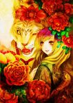  dress flower gradient_hair graphite_(medium) hair_ornament highres hijiri_byakuren kido_(choushouya) long_hair mixed_media multicolored_hair rose smile solo tiger toramaru_shou toramaru_shou_(tiger) touhou traditional_media watercolor_(medium) yellow_eyes 