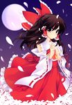  bad_id bad_pixiv_id black_hair brown_eyes brown_hair colorized detached_sleeves full_moon hakurei_reimu half_updo hands_clasped highres liong long_hair masaru.jp moon night own_hands_together petals solo touhou 