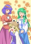  absurdres blonde_hair detached_sleeves green_hair hair_tubes highres kochiya_sanae leaf long_hair maple_leaf mimix33 moriya_suwako multiple_girls open_mouth purple_hair short_hair skirt smile touhou yasaka_kanako 