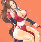  bare_shoulders breasts brown_eyes brown_hair cleavage closed_fan collarbone covered_nipples elbow_gloves fan fatal_fury fingerless_gloves folding_fan gloves hips kazaana large_breasts lips long_hair pelvic_curtain ponytail revealing_clothes shiranui_mai side_slit simple_background solo the_king_of_fighters thighs wide_hips 