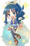  :d alternate_hairstyle black_legwear blue_eyes blue_hair blush bow full_body happy heart heartcatch_precure! hiyopuko kurumi_erika long_hair open_mouth outstretched_hand ponytail precure ribbon shirt shoes shorts sidelocks smile solo star thighhighs 