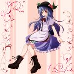  bad_id bad_pixiv_id blue_hair blush boots cross-laced_footwear food fruit full_body hat highres hinanawi_tenshi lace-up_boots long_hair open_mouth peach red_eyes s-syogo simple_background skirt solo touhou 