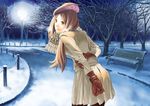  beret brown_hair gloves hat hata_yui highres lamppost pantyhose park scarf skirt snow solo 