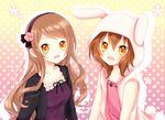  1girl :d akane_(goma) akira_(goma) animal_costume bad_id bad_pixiv_id brother_and_sister brown_hair bunny_costume casual collarbone flower goma_(11zihisin) gradient gradient_background hairband hood hoodie long_hair open_mouth original otoko_no_ko polka_dot polka_dot_background ribbon short_hair siblings smile twins yellow_eyes 