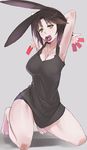  :3 animal_ears armpits arms_behind_head barefoot black_dress breasts brown_hair bunny_ears cleavage dress kneeling kusanagi_kaoru large_breasts mouth_hold original short_hair slender smile solo yellow_eyes 