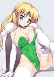  areola_slip areolae blonde_hair blue_eyes breasts cape celes_chere choker covered_nipples elbow_gloves final_fantasy final_fantasy_vi gloves green_leotard headband highleg highleg_leotard large_breasts leg_lift legs leotard long_hair nagase_haruhito pauldrons solo thighhighs thighs white_legwear 