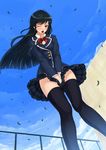  black_hair blush day hair_ornament hairclip highres kazeno long_hair one_eye_closed original school_uniform skirt sky solo thighhighs wind wind_lift zettai_ryouiki 