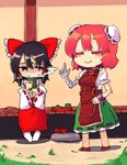  bandages black_hair bow bun_cover chibi closed_eyes colored_eyelashes cuffs cup detached_sleeves double_bun hair_bow hair_tubes hakurei_reimu ibaraki_kasen multiple_girls pink_hair senbei shackles sitting tabard tea touhou yunuki_uta 