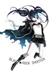  73 black_hair black_rock_shooter black_rock_shooter_(character) blue_eyes boots glowing glowing_eyes highres long_hair midriff navel scar shorts solo twintails 