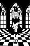  absurdres checkered checkered_floor closed_eyes facing_viewer gothic greyscale highres long_hair monochrome mother_keeper ribbon solo sorano_kaili standing stuffed_animal stuffed_bunny stuffed_toy 