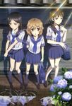  :o absurdres arm_behind_back bag black_hair braid brown_eyes brown_hair flower hair_flower hair_ornament hair_over_shoulder hanasaku_iroha handkerchief highres hydrangea kneehighs legs light_rays loafers matsumae_ohana mouth_hold multiple_girls non-web_source nyantype official_art oshimizu_nako puddle reflection ripples school_bag school_uniform serafuku shoes skirt socks sunbeam sunlight tsurugi_minko twin_braids wet wet_clothes 