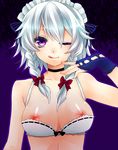  ;q bare_shoulders bra braid breasts choker fingerless_gloves gloves grace_(artist) izayoi_sakuya lingerie maid_headdress medium_breasts nipples one_eye_closed purple_eyes shelf_bra silver_hair solo tongue tongue_out touhou twin_braids underwear upper_body yutazou 