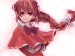  bow braid capelet crossed_arms face floating_hair lips looking_at_viewer meiji_(charisma_serve) okazaki_yumemi red_capelet red_eyes red_hair single_braid smile solo touhou touhou_(pc-98) upper_body wind 