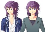  alternate_hairstyle ayamisiro blue_eyes casual contemporary dual_persona expressions hair_bun male_focus purple_hair shirt smile tales_of_(series) tales_of_vesperia white_background yuri_lowell 