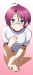  akechi_mitsuhide_(sengoku_otome) arm_support bad_id bad_pixiv_id blue_eyes blush glasses gradient gradient_background gym_uniform kinu_(le) kneeling purple_hair sengoku_otome solo 