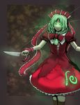  alice:_madness_returns bow dress front_ponytail glowing glowing_eyes green_eyes green_hair hair_bow hair_ribbon highres kagiyama_hina knife ribbon slit_pupils solo touhou yaruku 