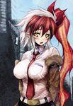  bad_id bad_pixiv_id belt between_breasts breasts cosplay face fukai_ryousuke gen_4_pokemon impossible_clothes impossible_shirt infernape large_breasts makise_kurisu makise_kurisu_(cosplay) multicolored_hair necktie personification pokemon red_neckwear shirt side_ponytail solo steins;gate 
