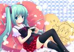  absurdres aqua_eyes aqua_hair bad_id bad_pixiv_id blush cirno hatsune_miku heart highres liong long_hair psp_go reclining skirt solo thighhighs touhou twintails very_long_hair vocaloid zettai_ryouiki 