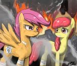  applebloom_(mlp) bandage couple cowboy_hat cub cutie_mark cutie_mark_crusaders_(mlp) equine female feral fire friendship_is_magic hair hat horse john_joseco mammal my_little_pony older orange_body paper pegasus pony purple_eyes purple_hair red_eyes red_hair scootaloo_(mlp) smoke tape wings wounded yellow_body young 