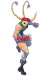  90s antenna_hair bare_shoulders beret blonde_hair boots braid cammy_white camouflage fighting_stance fingerless_gloves full_body gloves green_leotard hat highres ikeno_daigo leotard long_hair muscle simple_background solo street_fighter street_fighter_ii_(series) twin_braids 