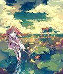  ahoge ana_(rznuscrf) blonde_hair cloud giant_leaf green_eyes hair_ribbon highres leaf long_sleeves moriya_suwako reflection ribbon sky solo thighhighs torii touhou walking walking_on_liquid water white_legwear 