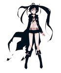  bad_id bad_pixiv_id bikini_top black_hair black_rock_shooter black_rock_shooter_(character) blue_eyes boots coat full_body long_hair midriff navel scar shorts simple_background solo zombie_neko 