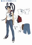  alternate_costume antenna_hair bag black_hair breasts casual concept_art denim high_heels ibuki_(street_fighter) jeans kunai large_breasts long_hair pants ponytail raccoon_tail shirt shoes sneakers solo street_fighter street_fighter_iv_(series) t-shirt tail weapon 