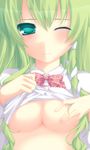  alternate_costume aqua_eyes bad_id bad_pixiv_id bow bowtie breasts cleavage close-up dress_shirt green_hair hair_ornament hair_tubes highres kabata_(mechisan) kochiya_sanae large_breasts no_bra one_eye_closed plaid shirt shirt_lift snake_hair_ornament solo touhou underboob 