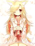  animal_ear_fluff animal_ears bad_id bad_pixiv_id blonde_hair fox_ears futaba_akane hands_clasped japanese_clothes kimono kneeling long_hair looking_at_viewer miko naomi_(sekai_no_hate_no_kissaten) one_eye_closed original own_hands_together red_eyes solo tail 