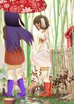  :t animal_ears bamboo bamboo_forest blush boots bra bra_strap bunny_ears bunny_tail forest gozaemon highres inaba_tewi kneepits lingerie long_hair multiple_girls mushroom nature pleated_skirt pout purple_hair rain reisen_udongein_inaba rubber_boots see-through short_hair skirt tail touhou umbrella underwear wet wet_clothes 