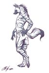  anthro clothing hyena male mammal paws plain_background pose shorts solo stripes topless walking white_background 